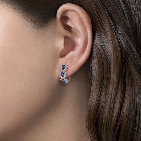 Simulated Sapphire Earrings Women's Blue Sapphire Hoop Earrings Round Sapphire - Picture 4 of 7